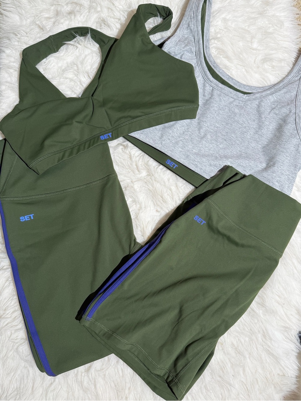 NEW Set Active XL / XXL Matching Set Green Blue Piping Leggings Sports Bra Short